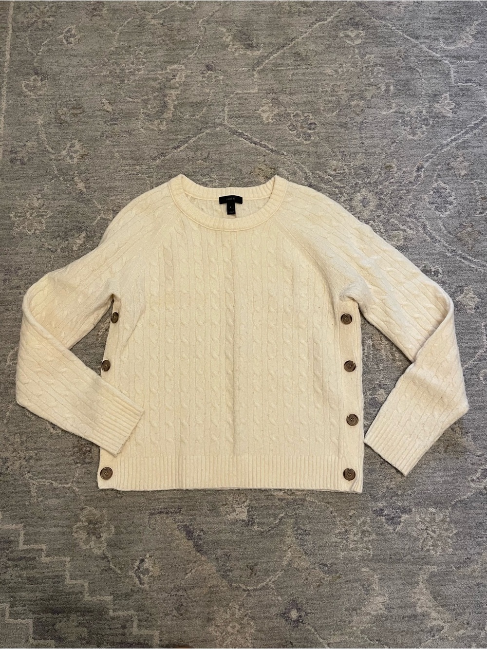 J. Crew Cream Cable-Knit Crewneck Sweater with Side Buttons